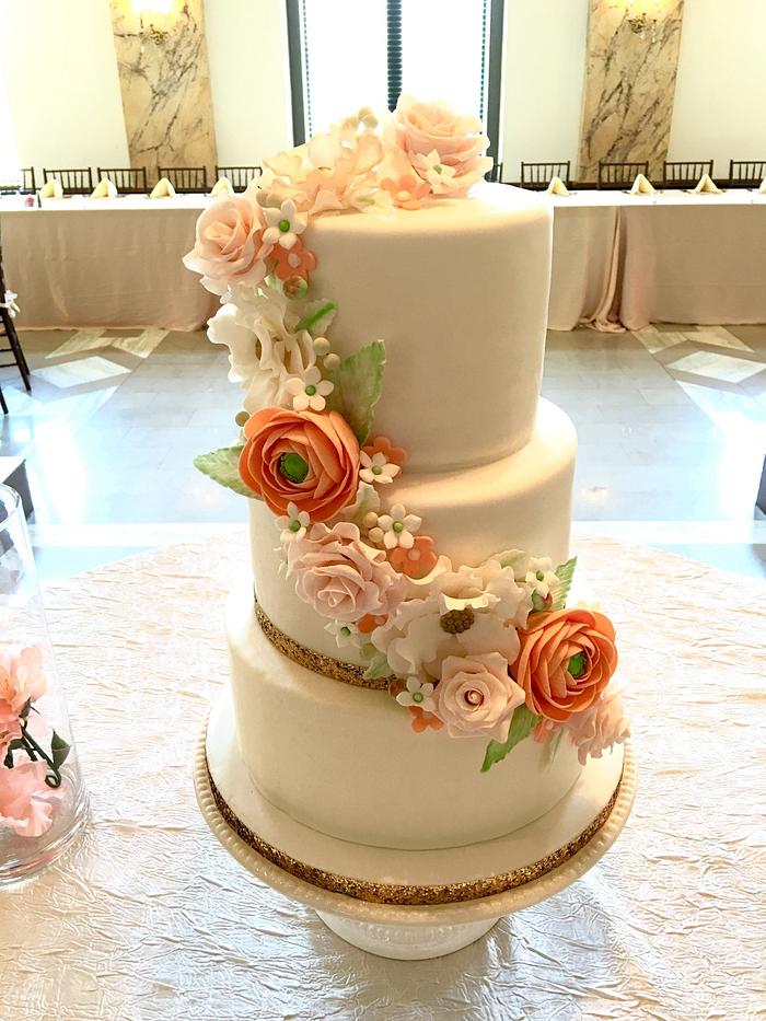 Gold and Coral Wedding Cake