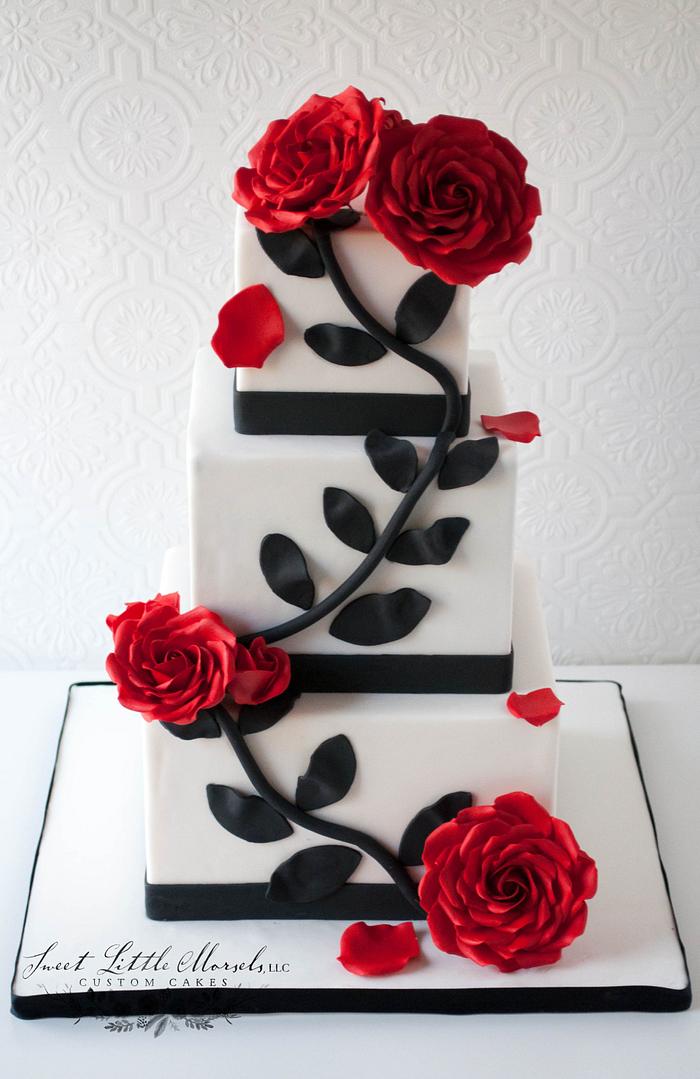 Black and White Wedding Cake with Red Sugar Roses