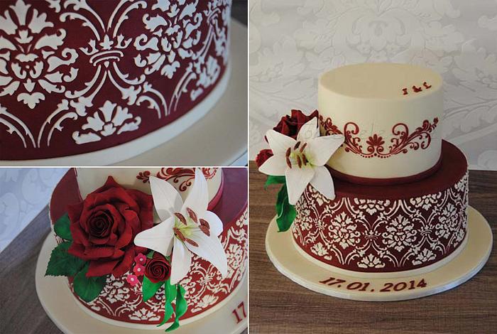 Bordeaux Red & Cream Wedding cake with Rose & Lily