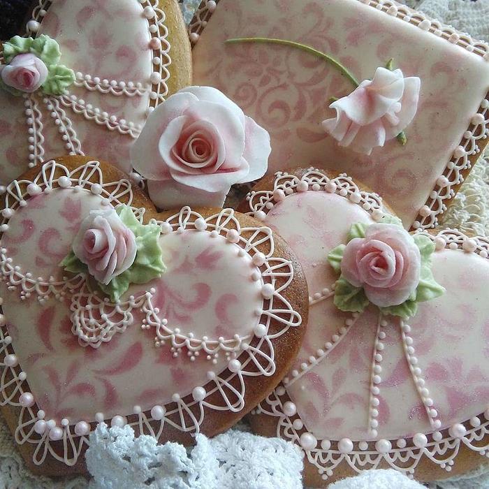 Royal icing cookie lace and roses etc.