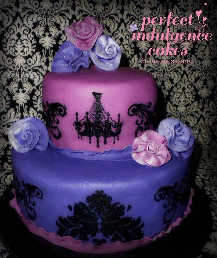 Purple and Damask Ribbon Rose Cake