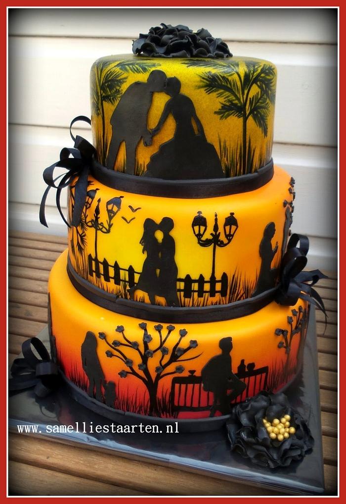 Sunset silhouette wedding cake