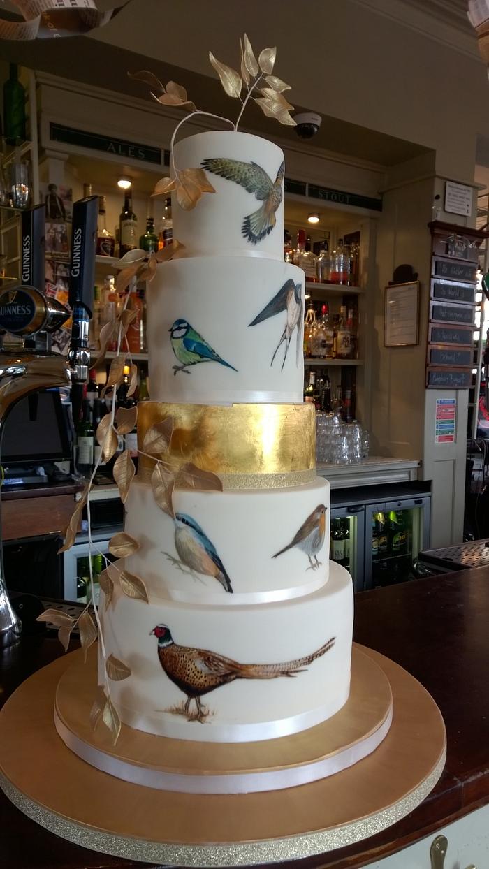 Golden Birds Painted Wedding Cake