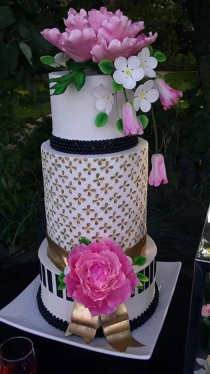 Peonies and French tulips wedding cake