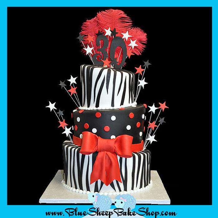 30th Birthday Cake - red, black, and zebra