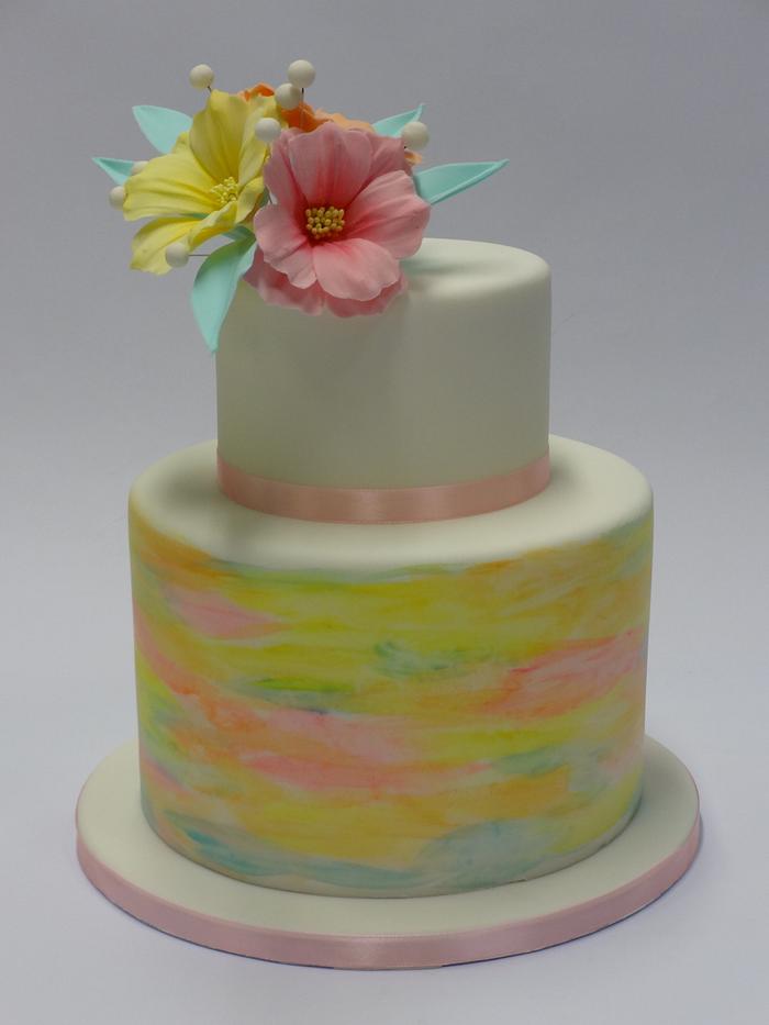 watercolor cake with sugar flowers