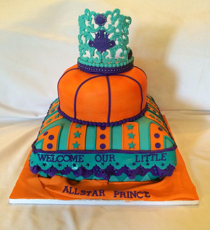 Welcome All-star prince - turquoise , purple, orange baby shower cake 