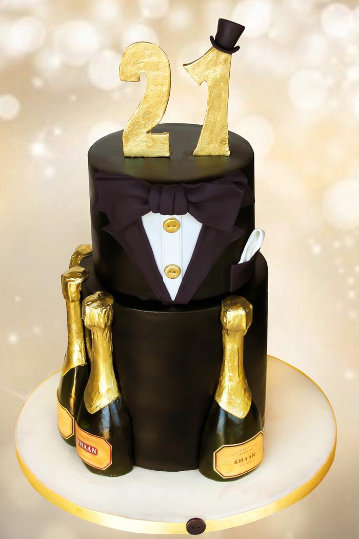 Champagne and tux cake