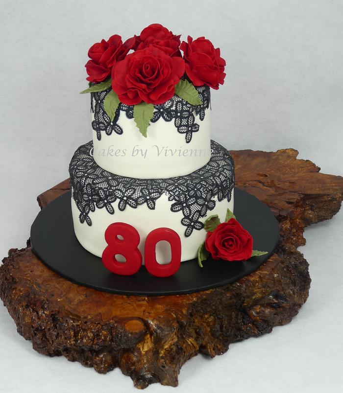 Rose and Lace 80th Birthday Cake