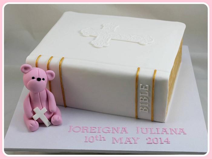 Christening cake with pink teddy