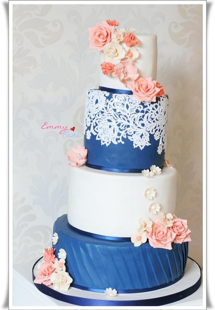 navy, ivory and coral wedding cake