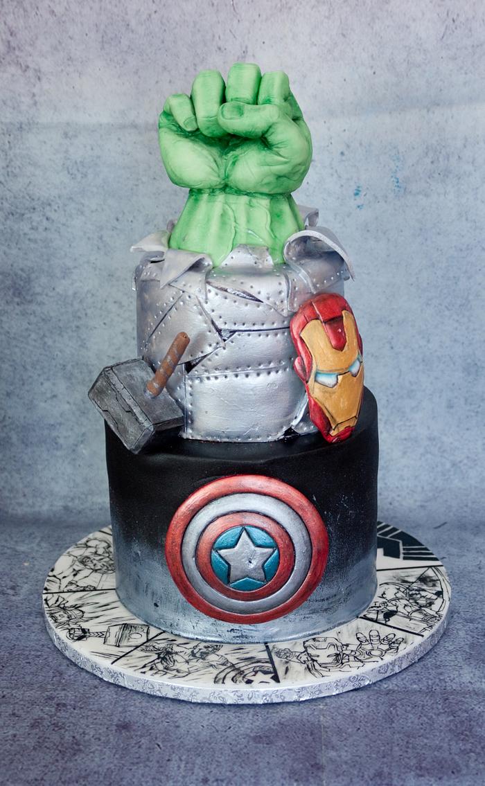 Avengers cake with handpainted comics coaster