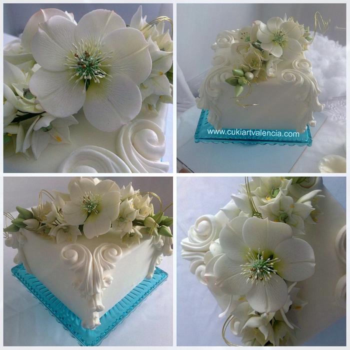 Christmas Rose and Star of Bethlehem Bouquet Square Cake