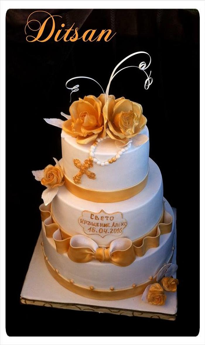 Baptism cake in white and gold