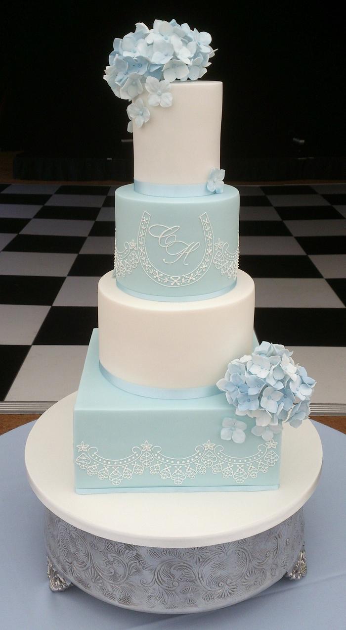 Blue hydrangea and lace cake