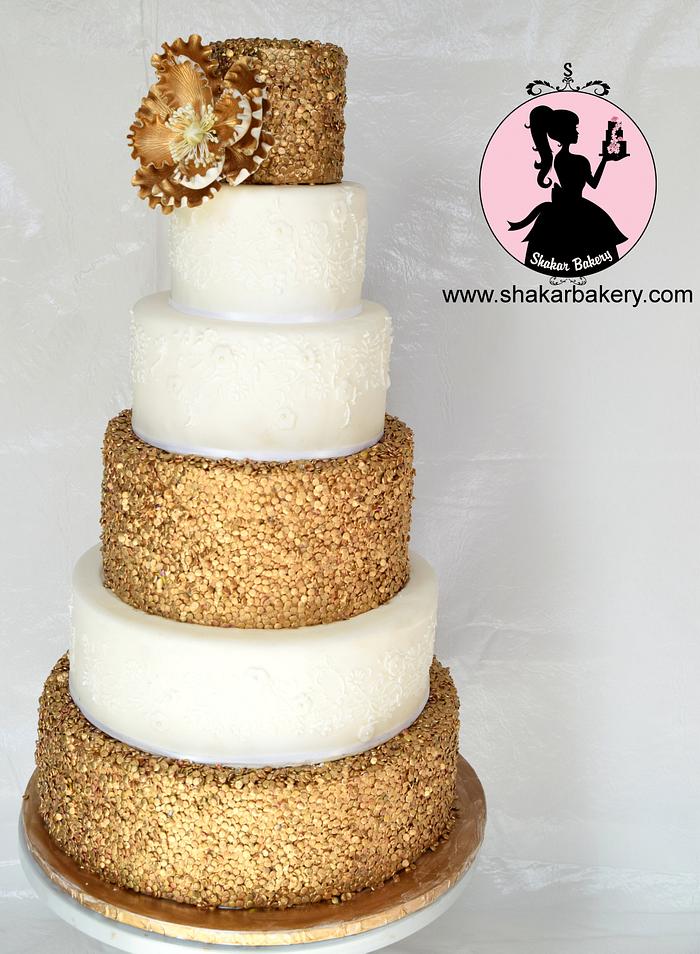 Gold Sequins and Lace Wedding Cake