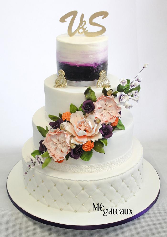 gold, coral and eggplant wedding cake
