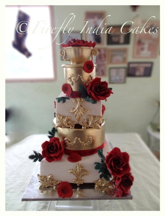 Red, Ivory & Gold Wedding Cake - Decorated Cake By - Cakesdecor