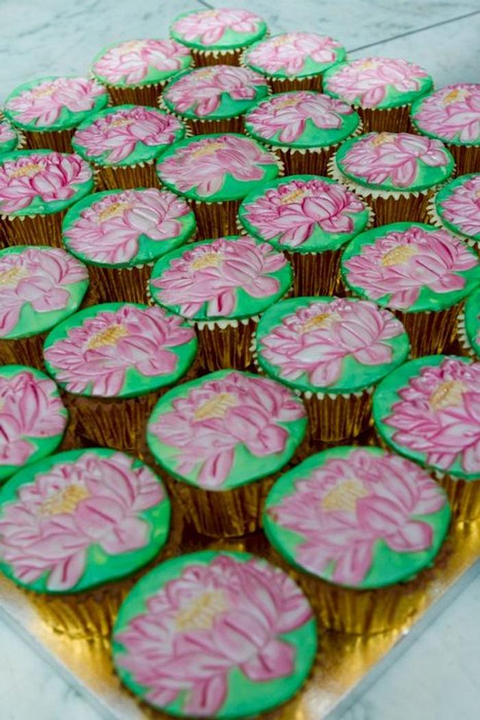 Hand-painted lotus blossom cupcakes