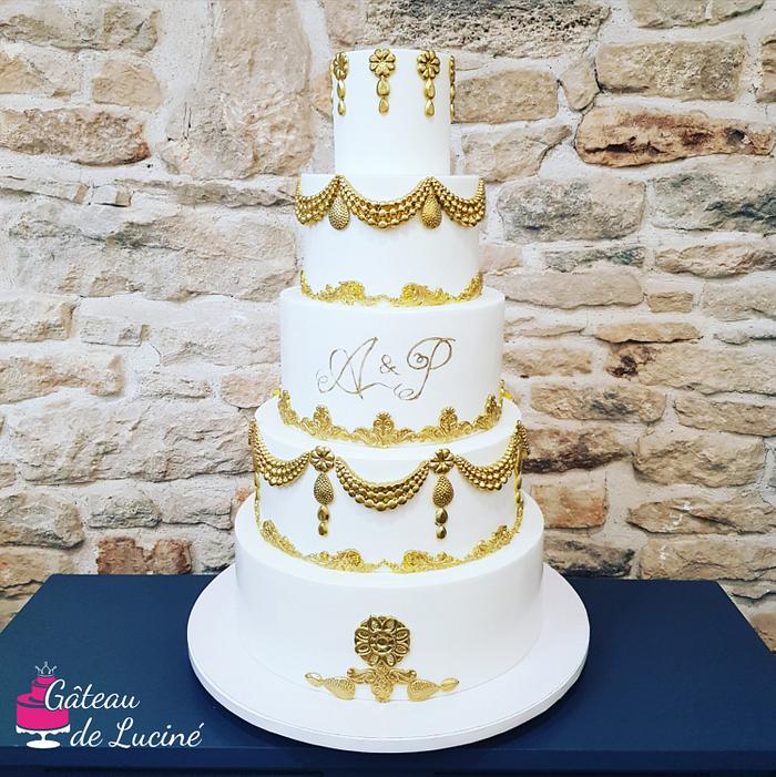 White and Gold Baroque wedding cake 