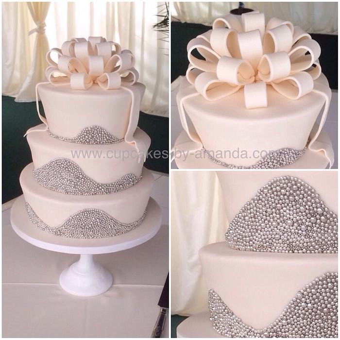 Silver Dragee & Loop Bow Wedding Cake