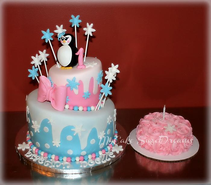 Winter Onederland Penguin 1st Birthday Cake