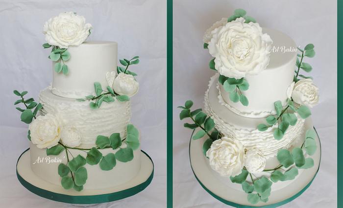 Peony-Eucalyptus wedding cake