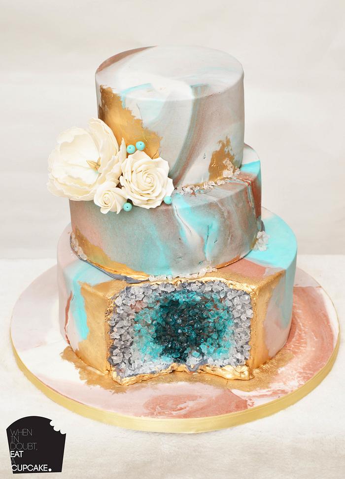 Teal Geode Cake with sugar flowers