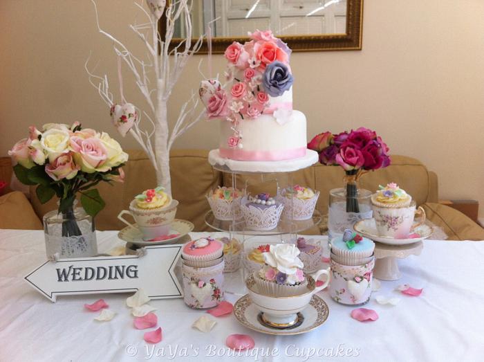 English rose vintage tea two tier cake and matching cupcakes