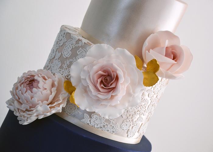 Gold, Navy & Lace Wedding Cake