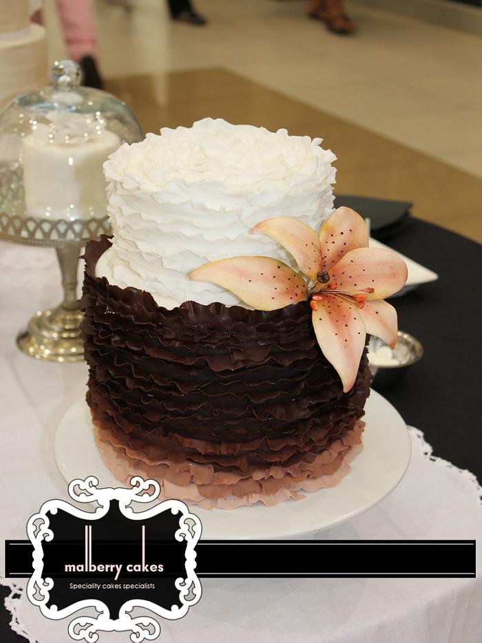 2 Tier Brown ombre ruffle wedding cake with lilly