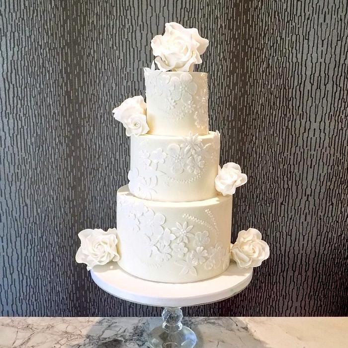 White on Ivory lace wedding cake