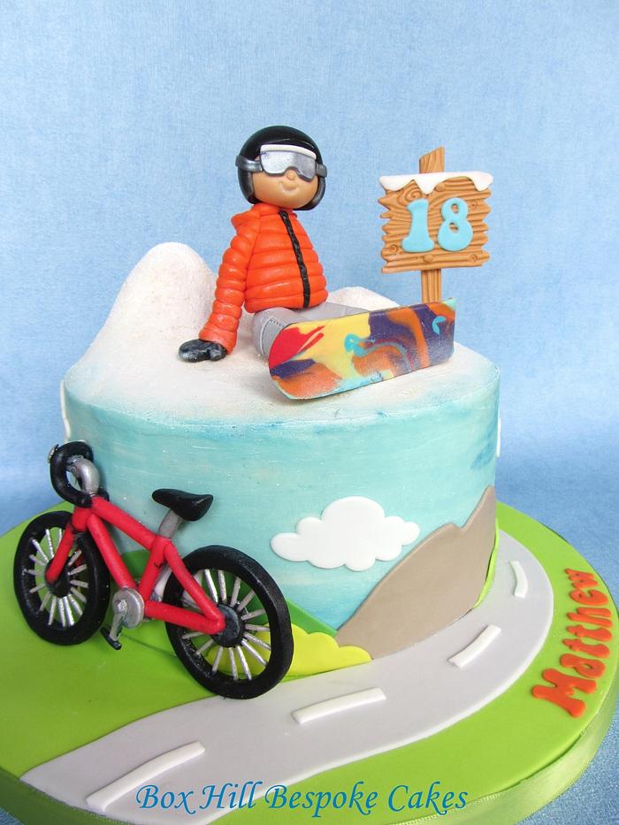 Snowboard and Bicycle Cake.