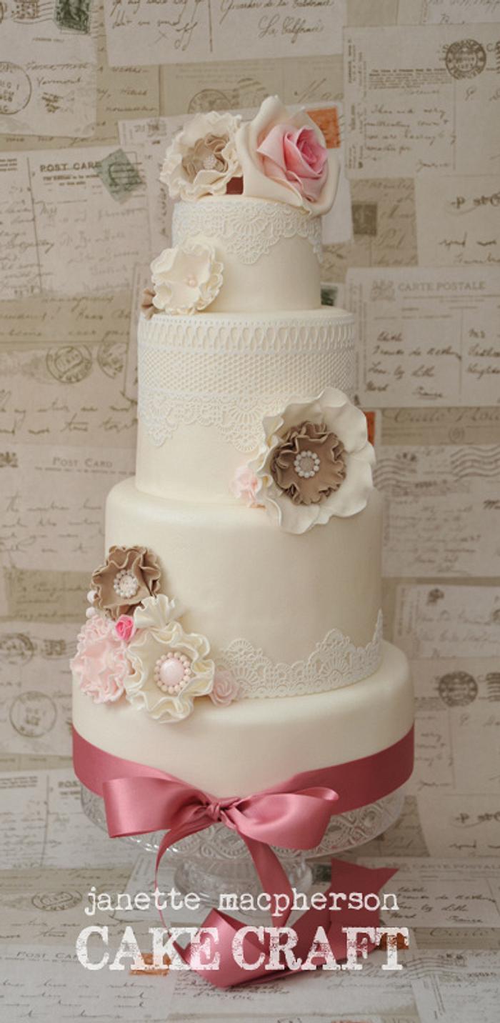 Vintage Rosettes & Lace Wedding Cake