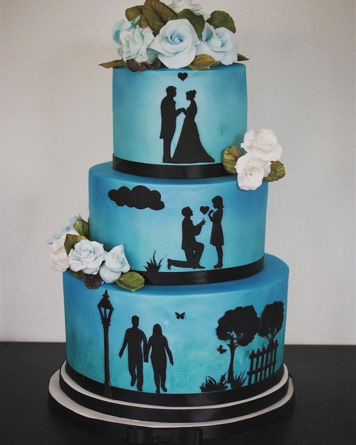 Pearlised blue silhouette wedding cake 