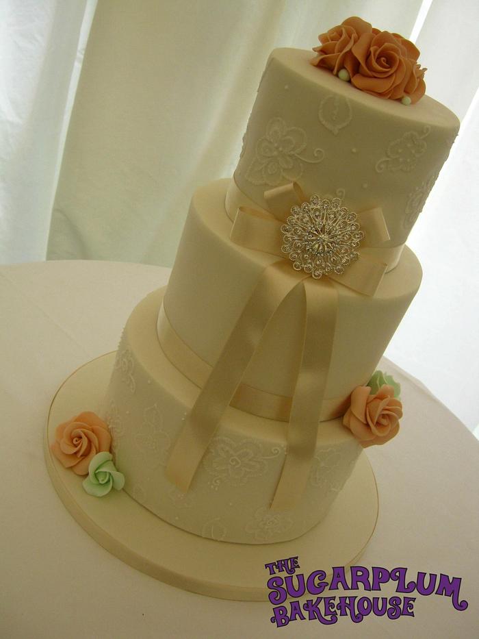 3 Tier Ivory & Brush Embroidery Wedding Cake