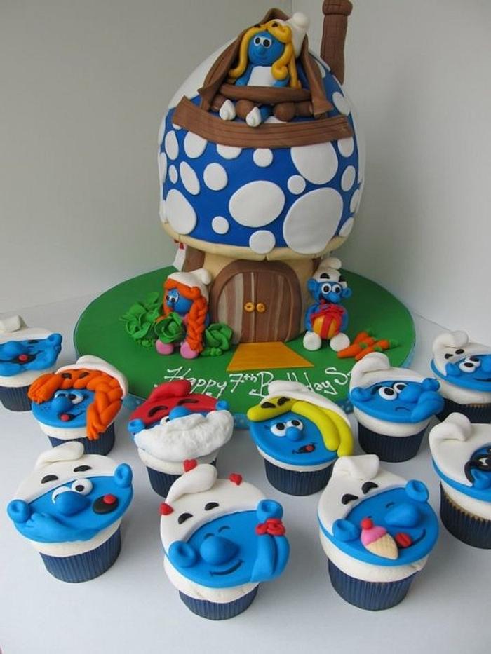 Smurf mushroom cottage home cake & matching cupcakes