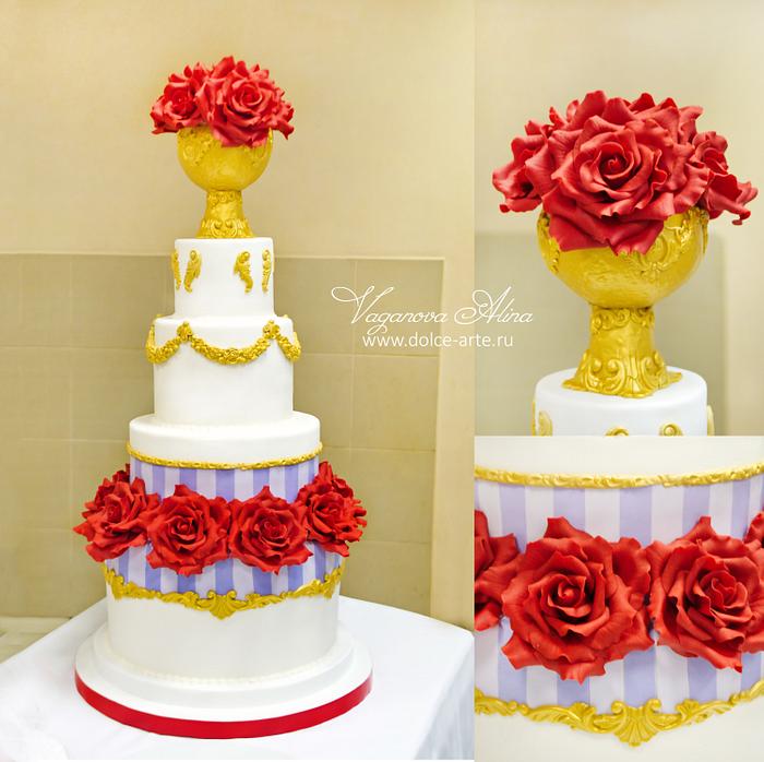 wedding cake with red roses