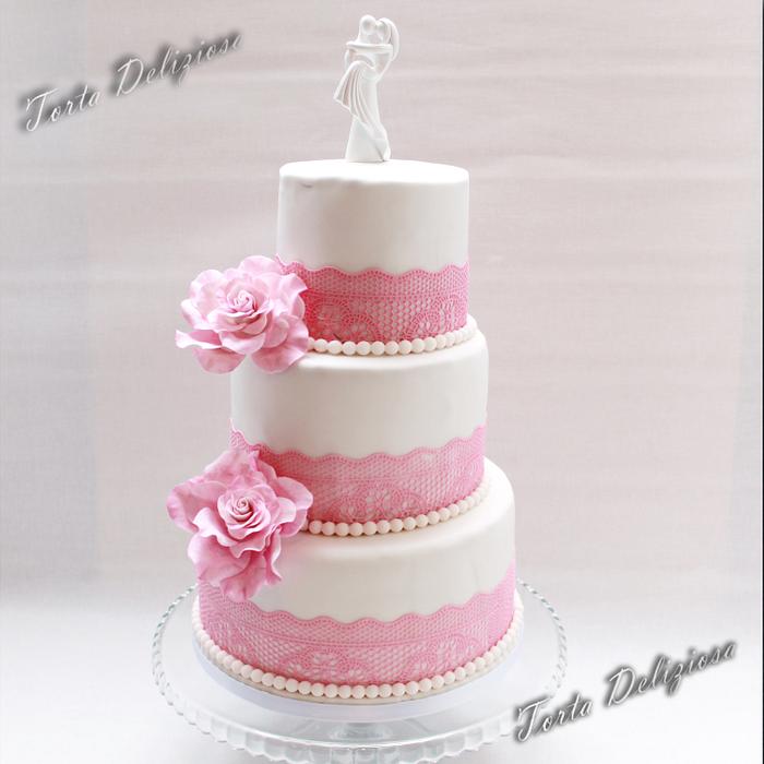 elegant lace wedding cake with roses