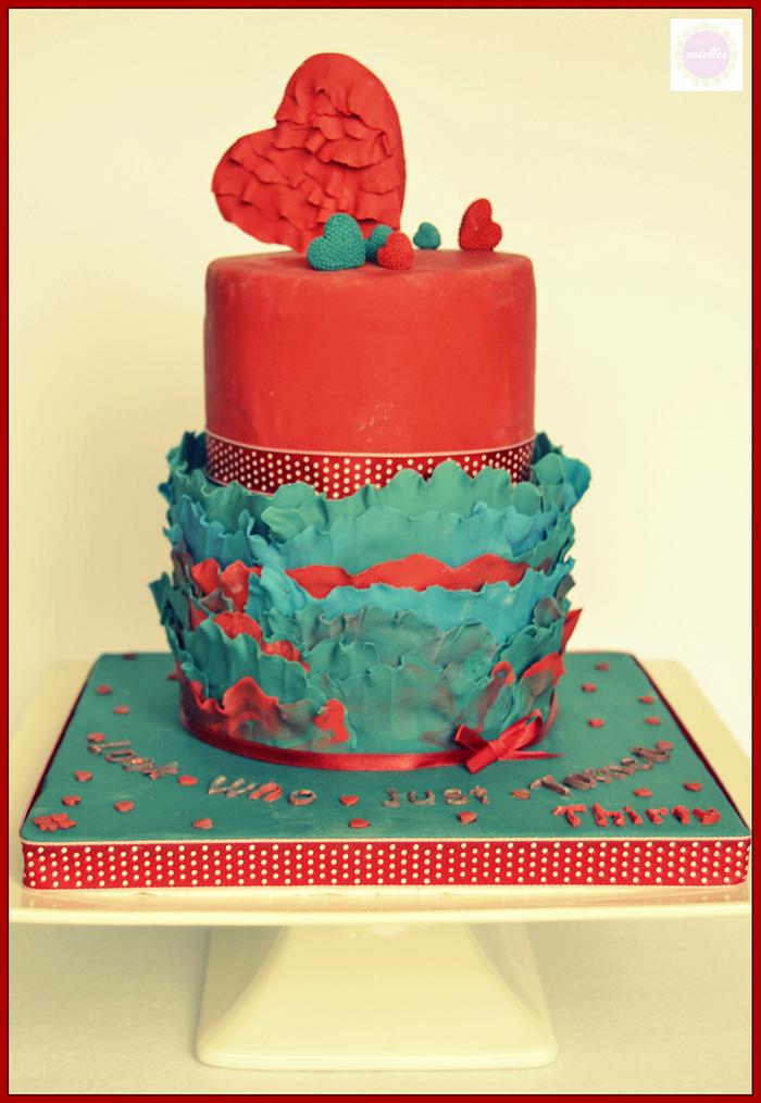 Denim Blue & Red Ruffled Cake