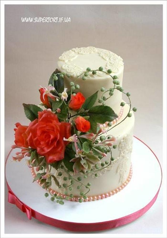 Coral Rose Wedding Cake