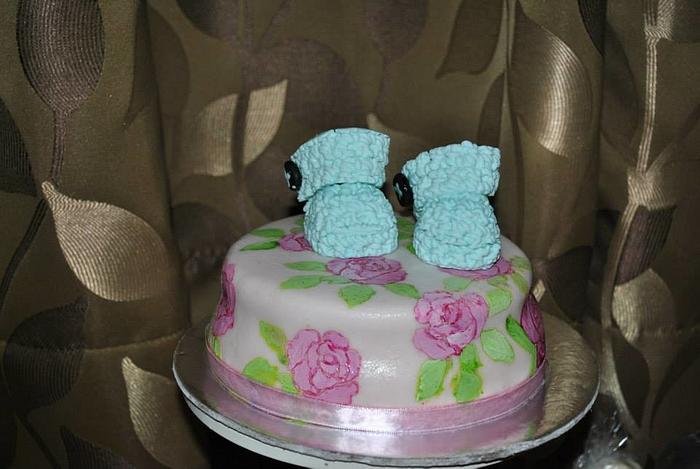 Hand Painted Cake with baby Booties