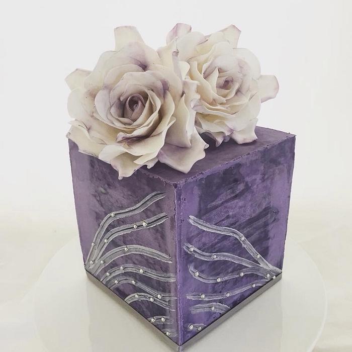 Cube cake with white roses