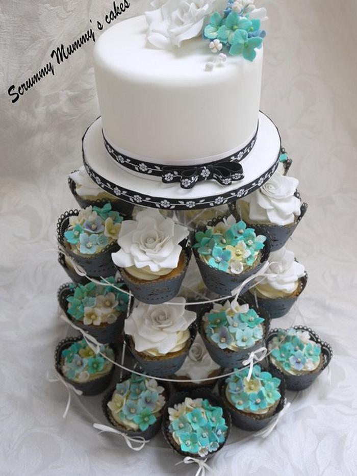 Aqua and White Wedding Cake and Matching Cupcake Tower