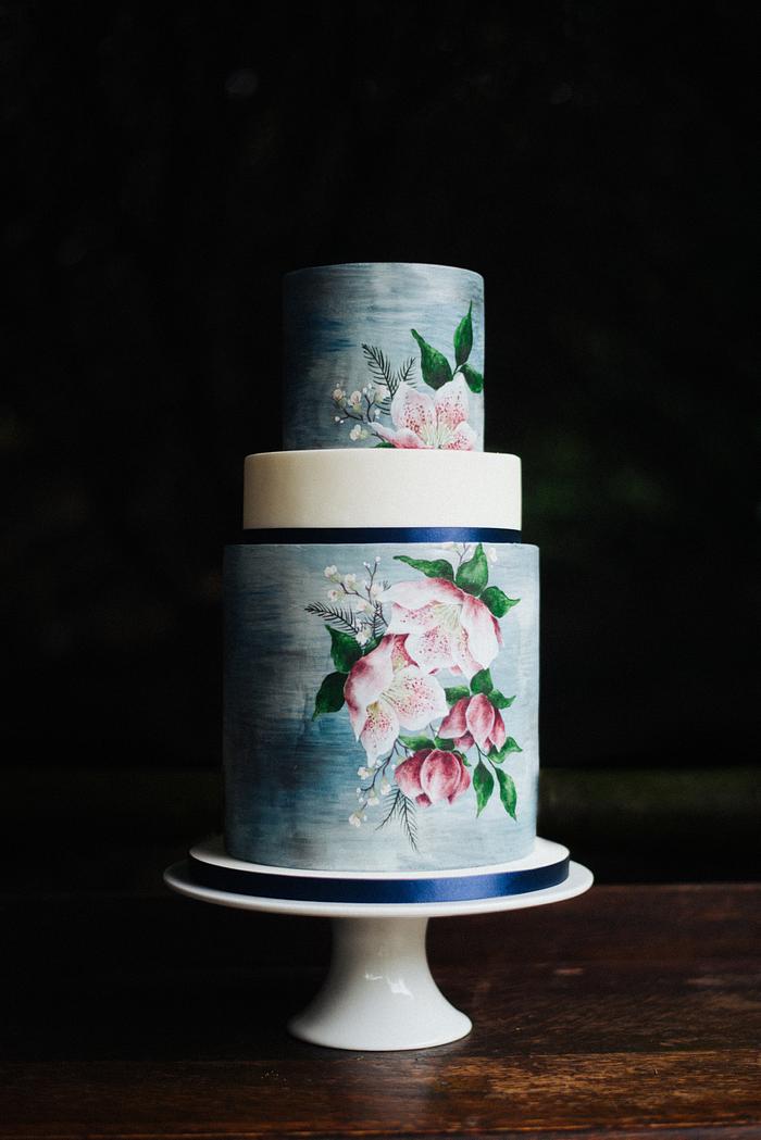 Textured watercolour cake with hand painted hellebores