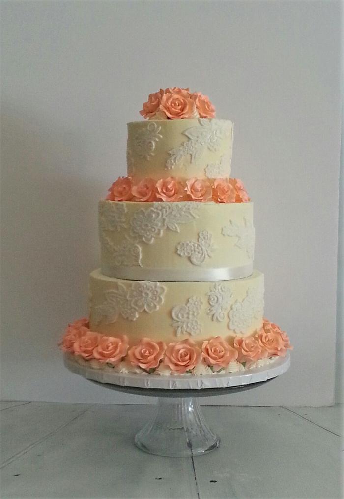 Vintage lace and roses Wedding cake