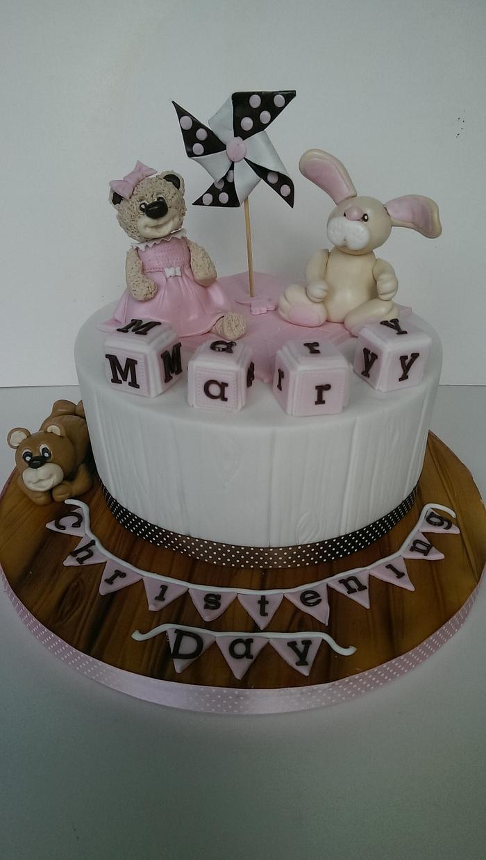 Bears and bunny christening cake