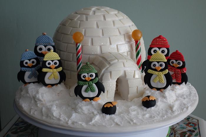 Christmas igloo cake with penguins