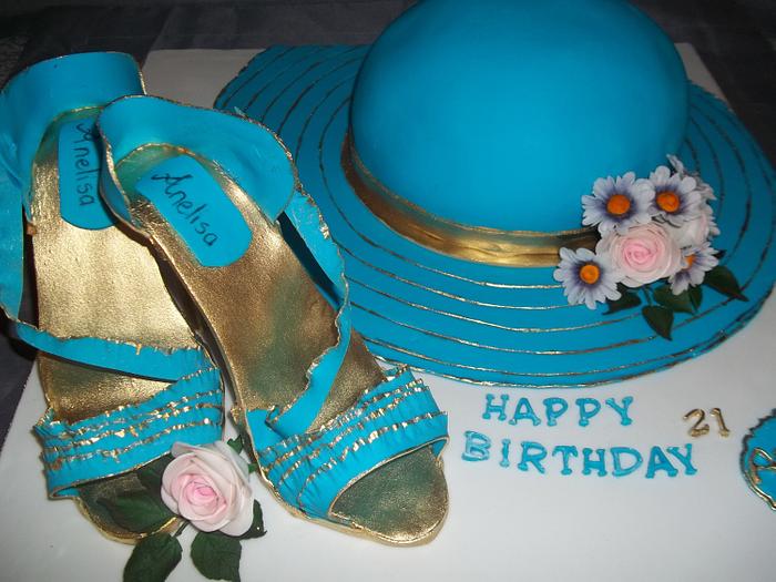 21st birthday hat and shoe cake