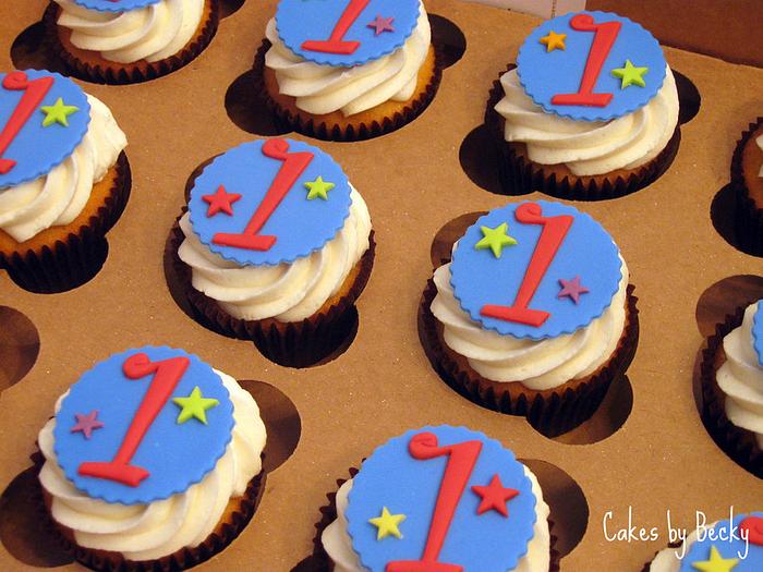 Blue and Red First Birthday Cupcakes